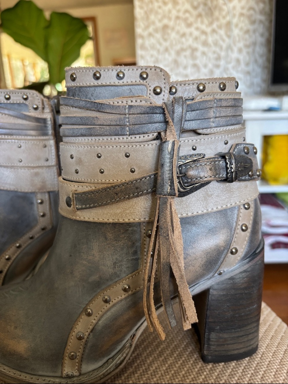 freebird Metallic Gray Studded Ankle Boots with Fringe Strap - Picture 2 of 4